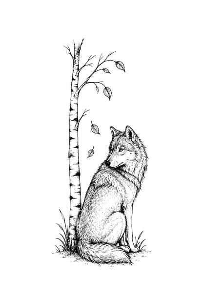 Lobo junto a um vidoeiro, tatuagem fine line