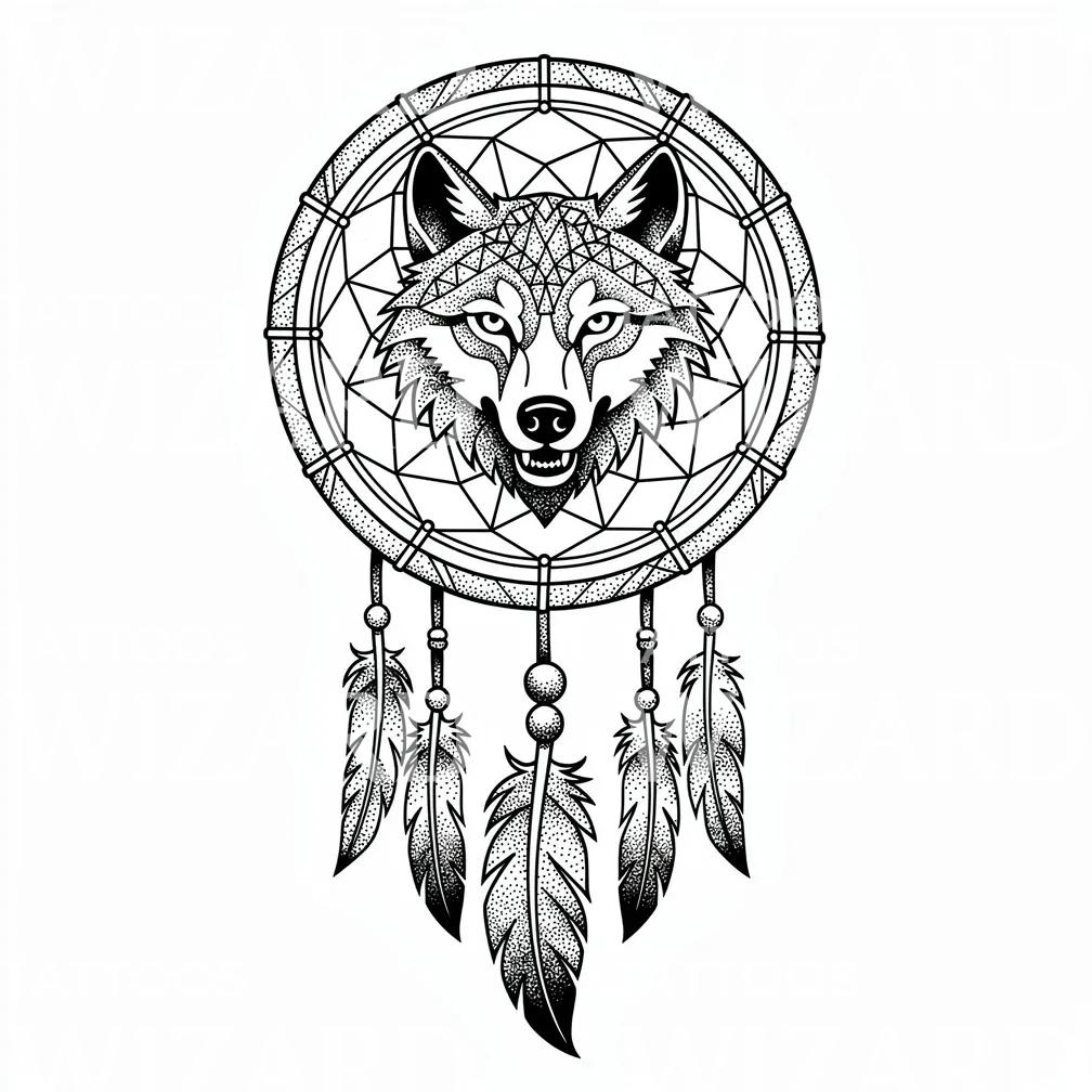 Wolf Dreamcatcher Mandala Tattoo Design