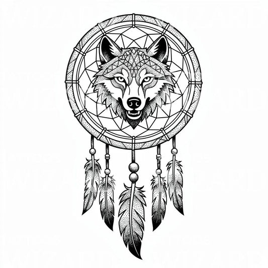 Disegno tatuaggio lupo acchiappasogni mandala