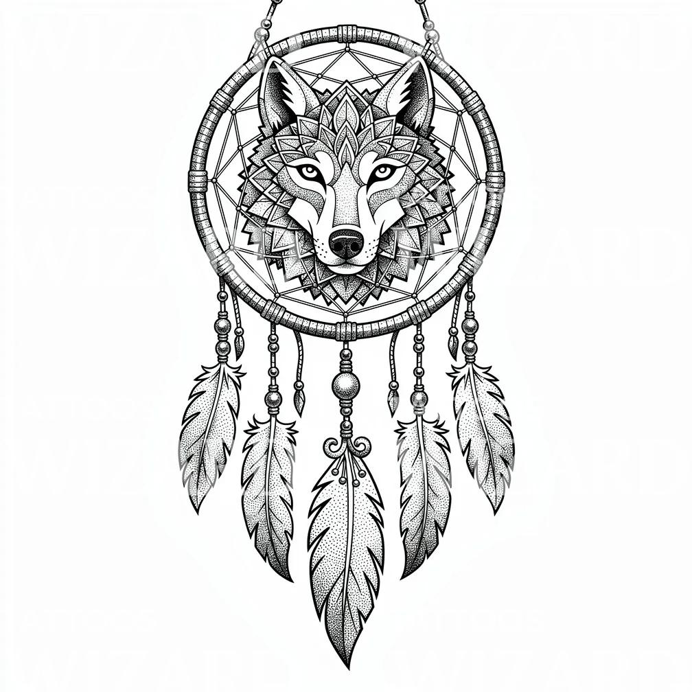 Design de tatouage loup et attrape-rêves