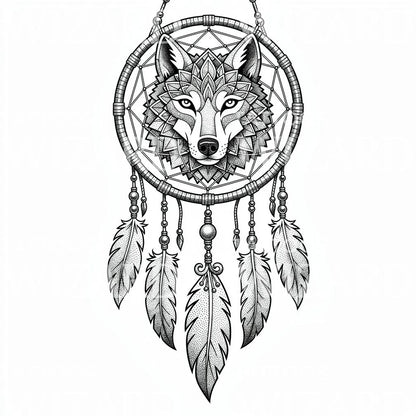 Design de tatouage loup et attrape-rêves