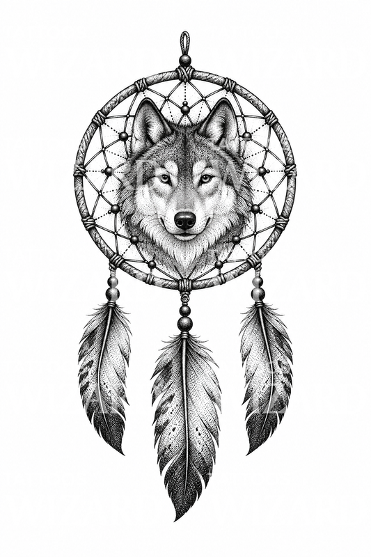 Tatuagem de apanhador de sonhos com lobo e penas