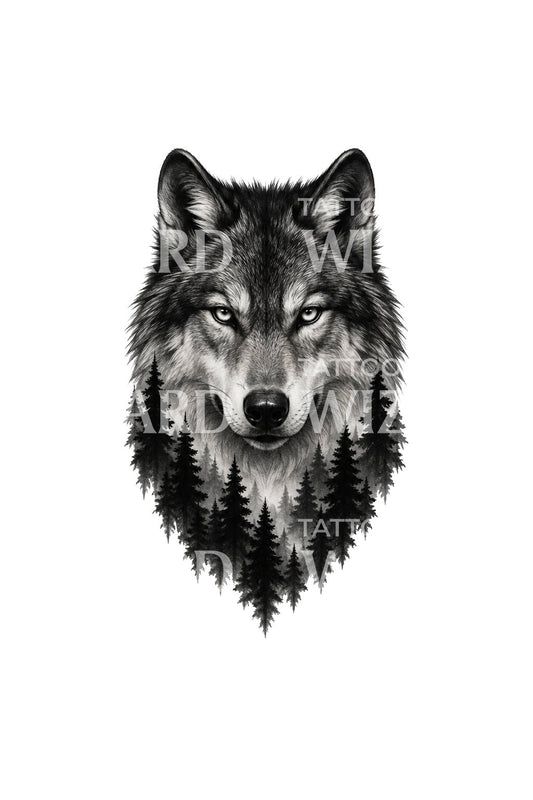 Wolf Emerging from Pine Forest Black and Grey Tattoo Design