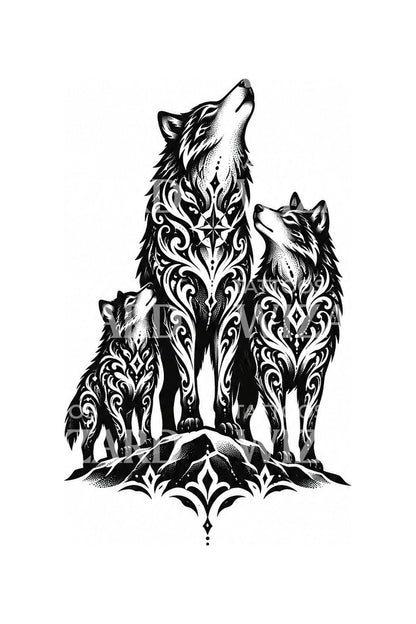 Diseño de tatuaje blackwork de familia de tres lobos