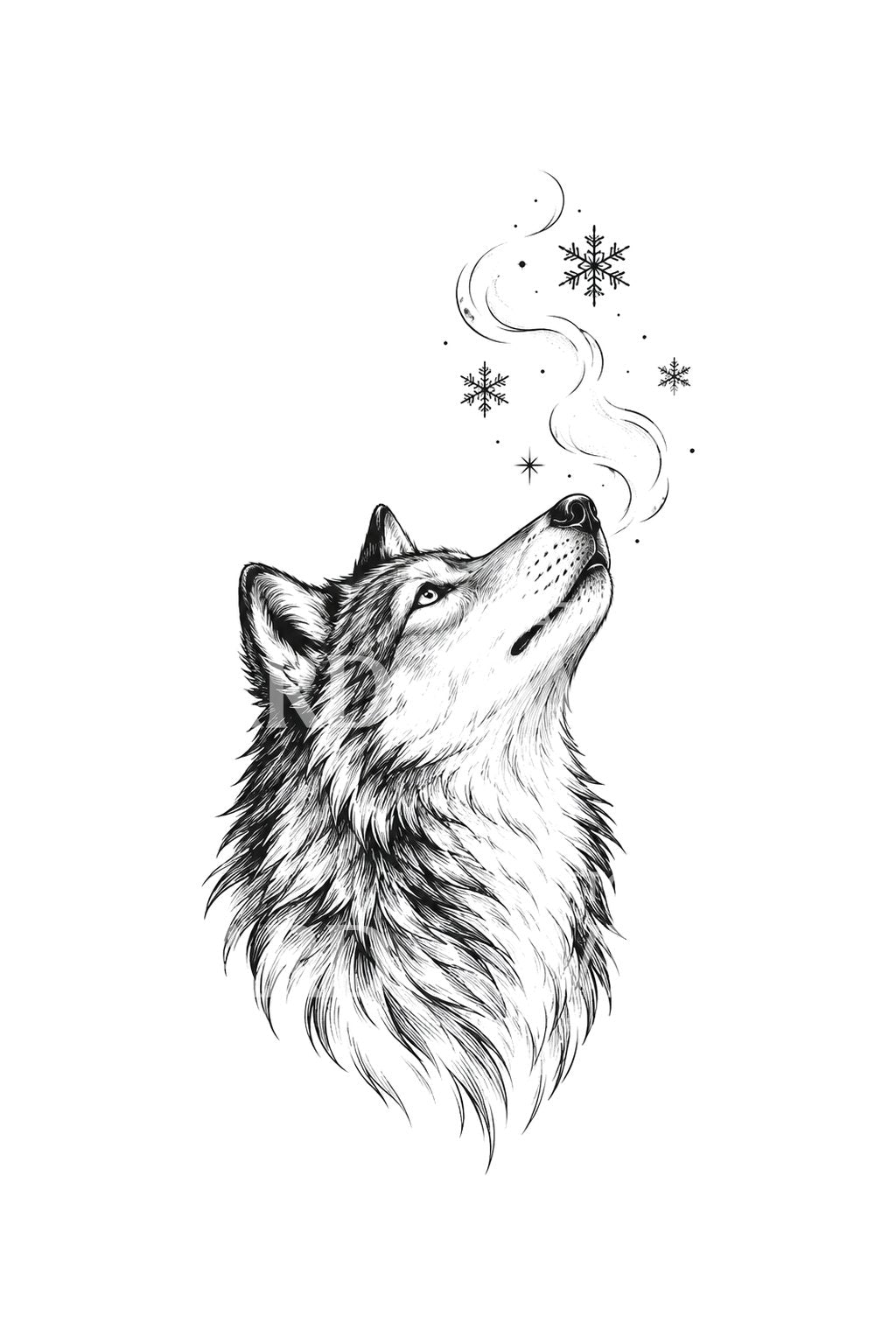 Wolf Gazing Up with Frosty Breath Sketch Tattoo Design