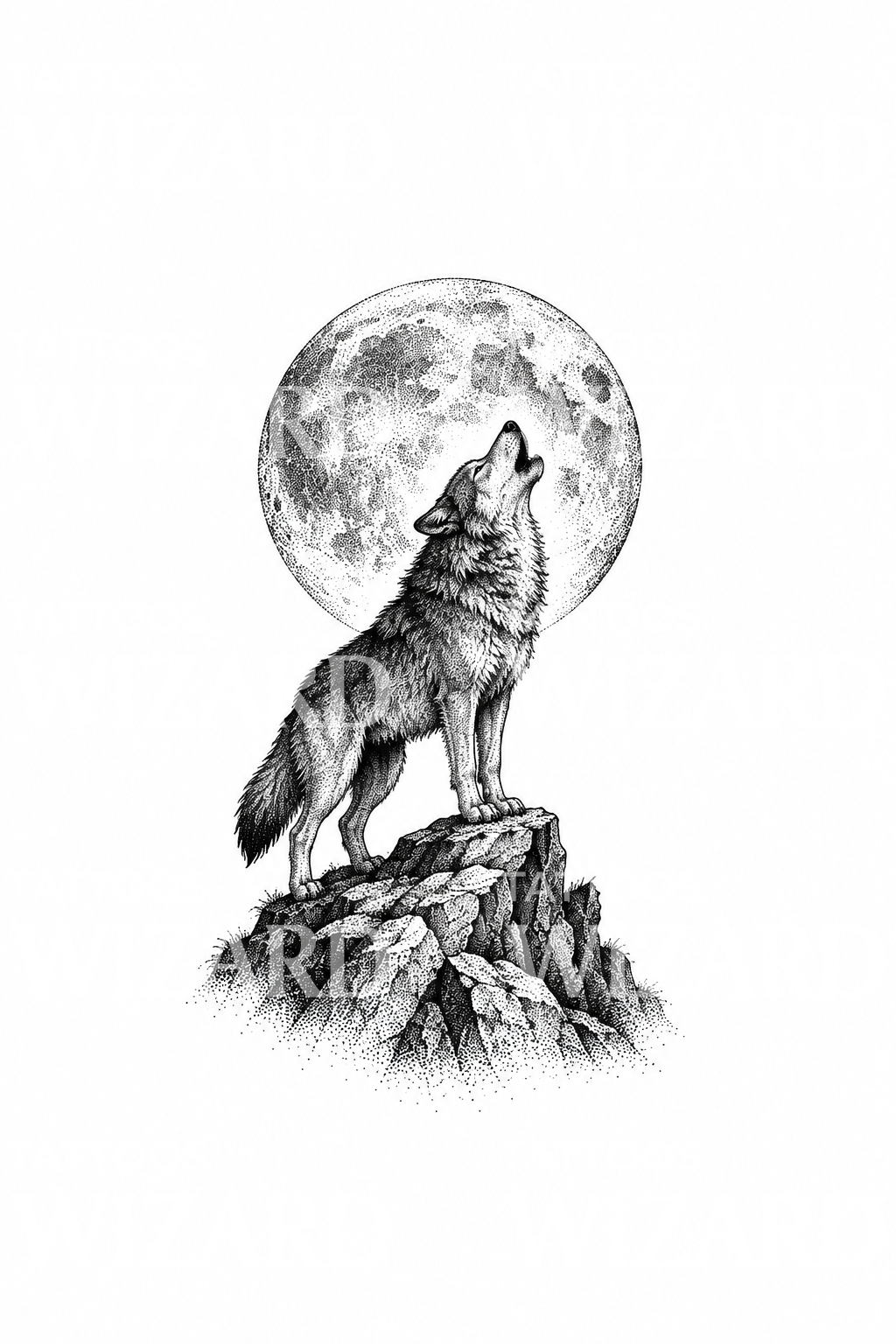 Wyjący wilk na skale przy pełni księżyca, pomysł na tatuaż dotwork