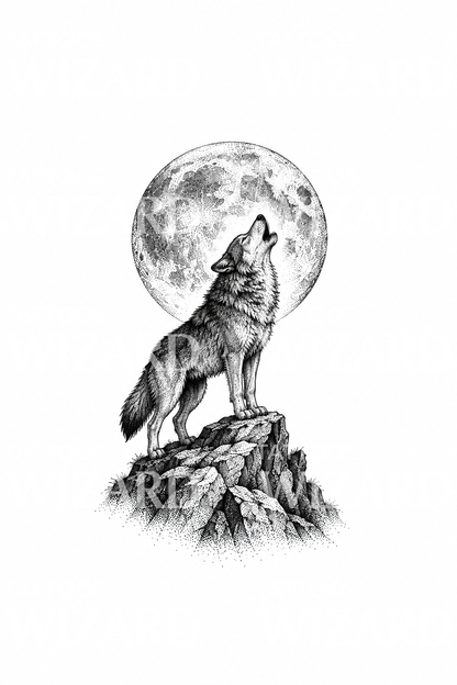 Wyjący wilk na skale przy pełni księżyca, pomysł na tatuaż dotwork