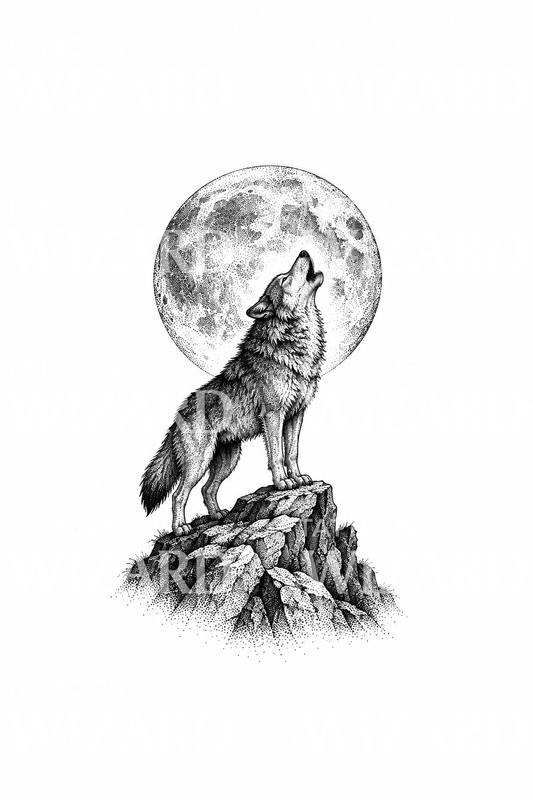 Wyjący wilk na skale przy pełni księżyca, pomysł na tatuaż dotwork