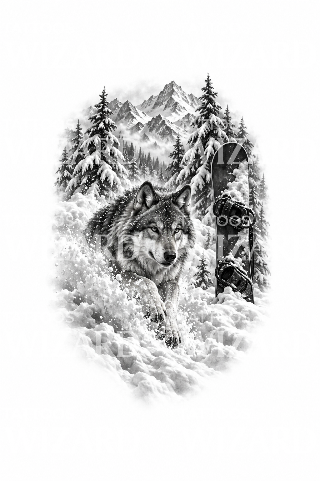 Wolf in Powder Snow with Snowboard Tattoo Design