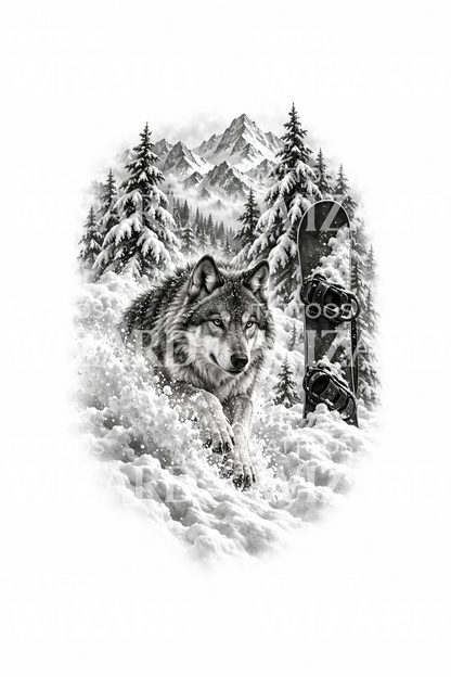 Wolf in Powder Snow with Snowboard Tattoo Design
