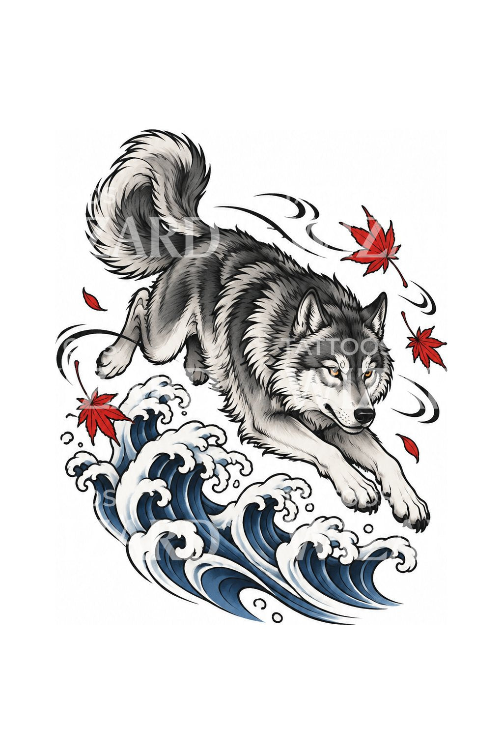 Tattooillustration af ulv, der springer over japanske bølger