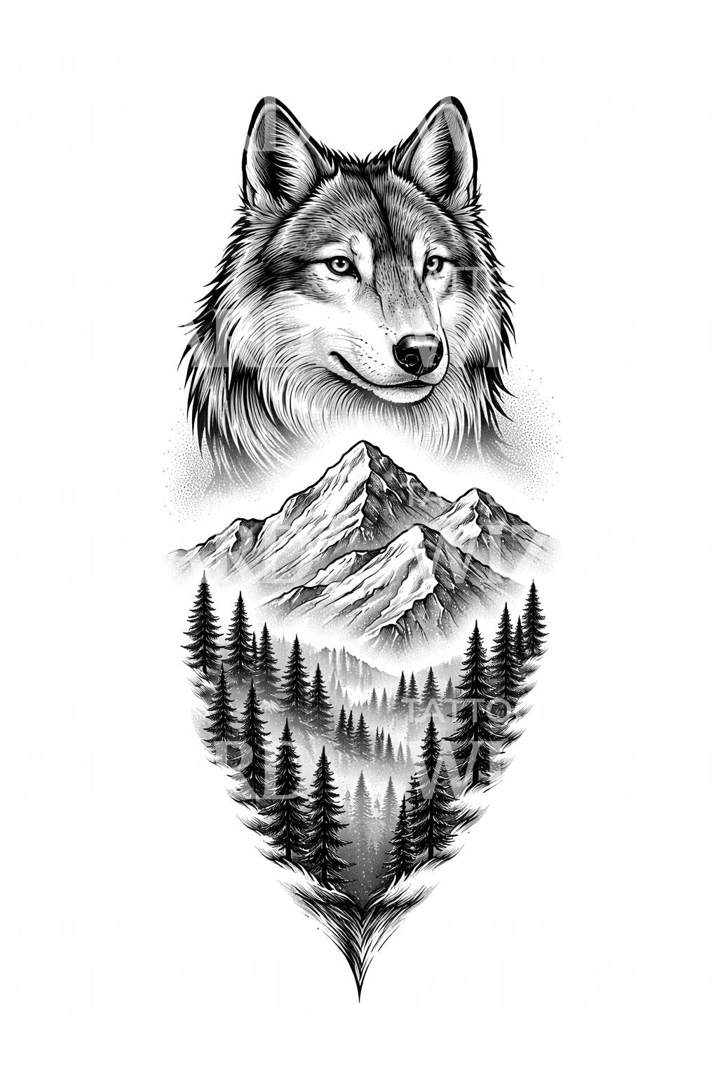 Wolf Mountain Forest Tattoo Design