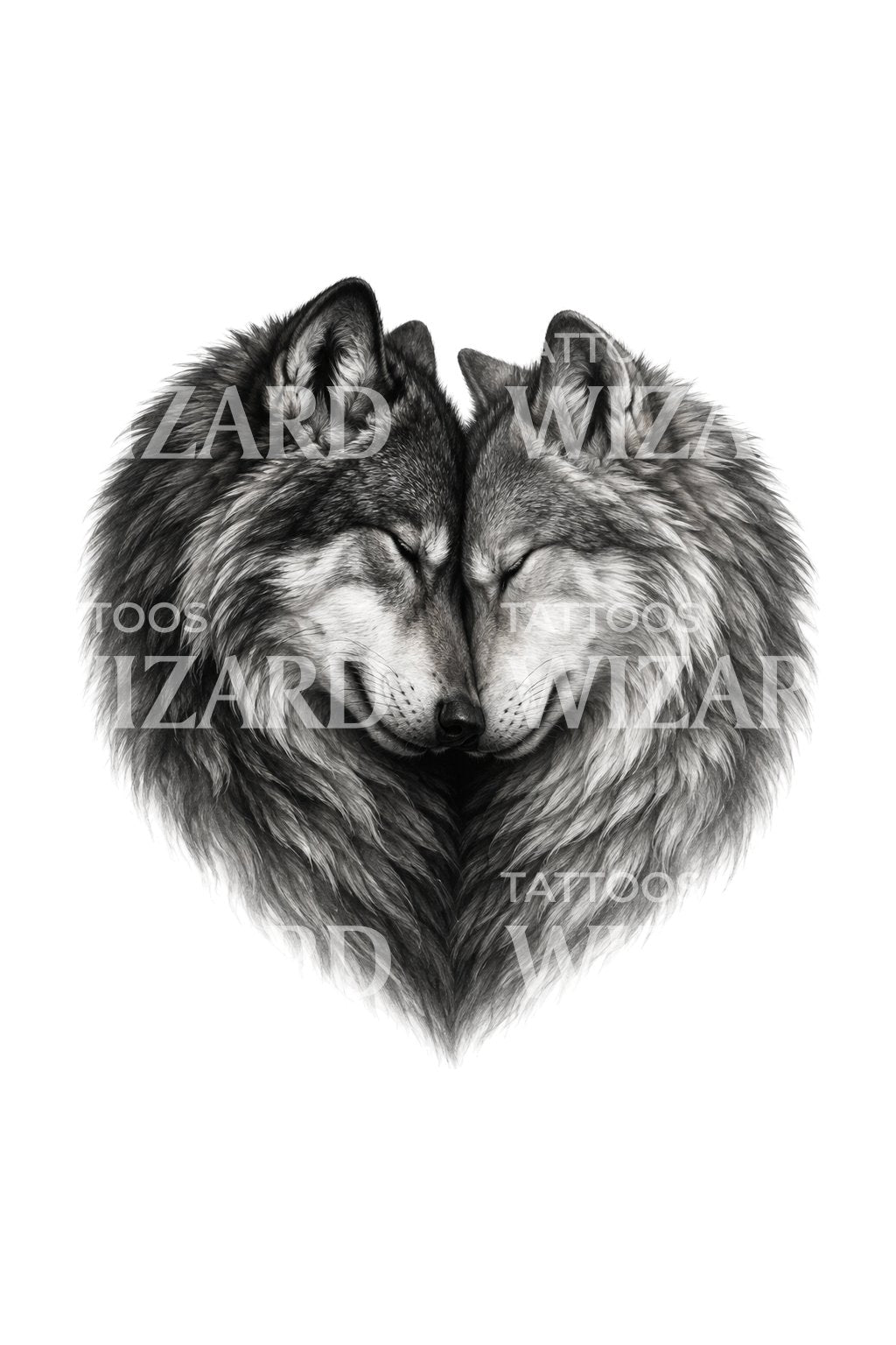 Ilustración de tatuaje de pareja de lobos rozando sus hocicos
