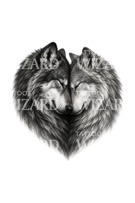 Ilustración de tatuaje de pareja de lobos rozando sus hocicos