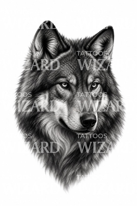 Sort og gråt ulveportræt tattoo design