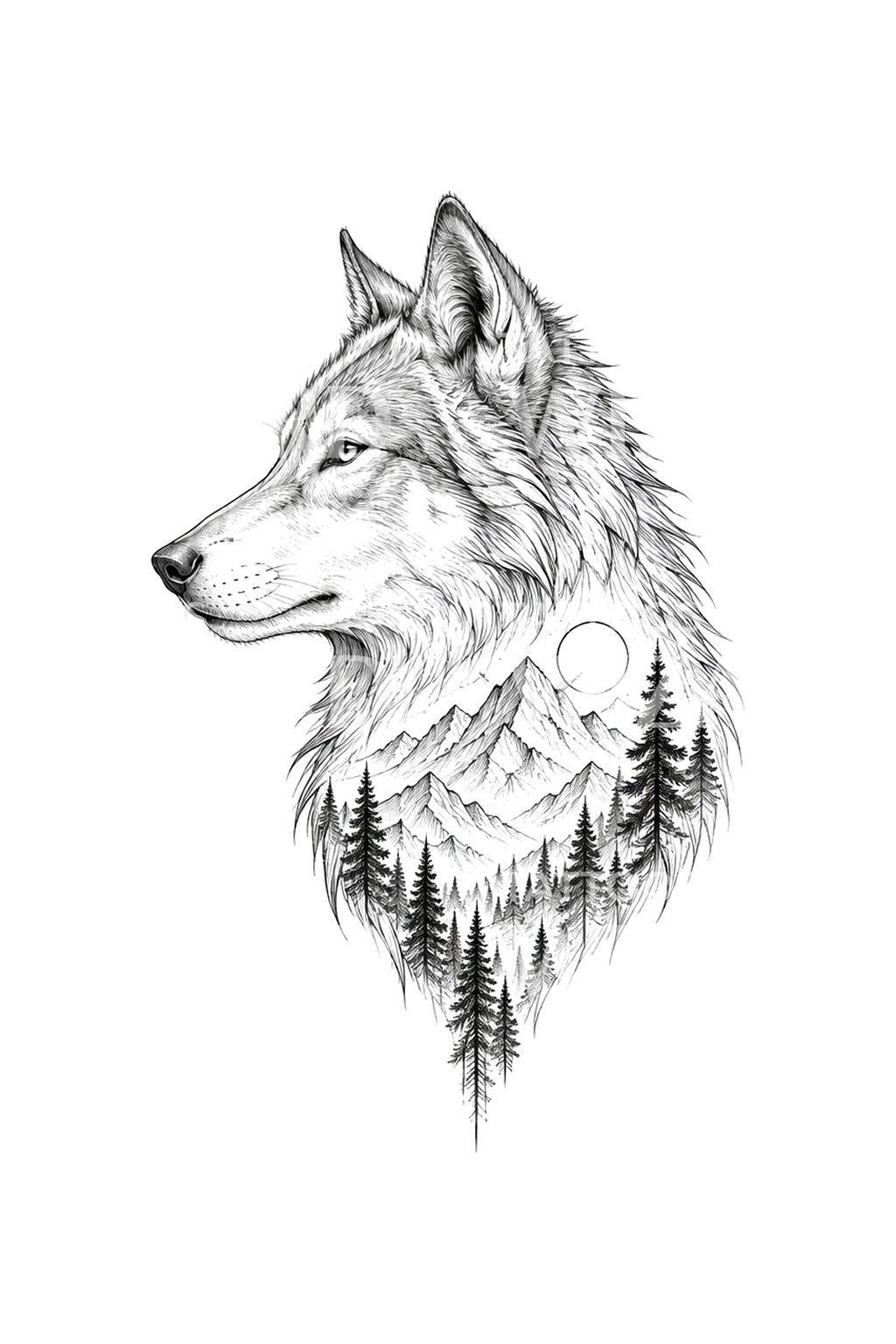 Wolfprofil, der sich in Berge auflöst, Tattoo-Design