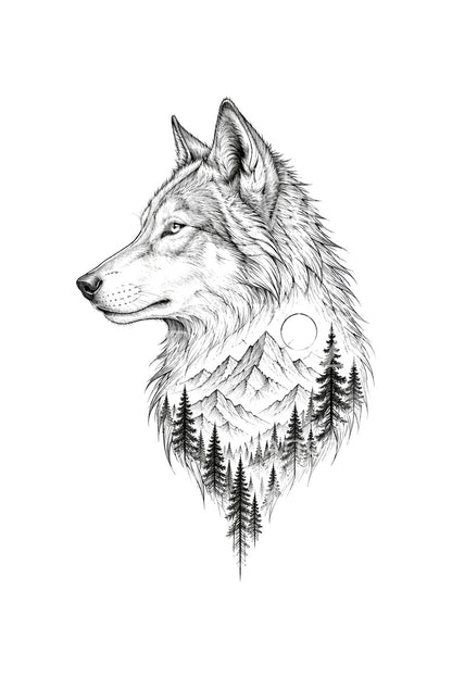 Wolfprofil, der sich in Berge auflöst, Tattoo-Design