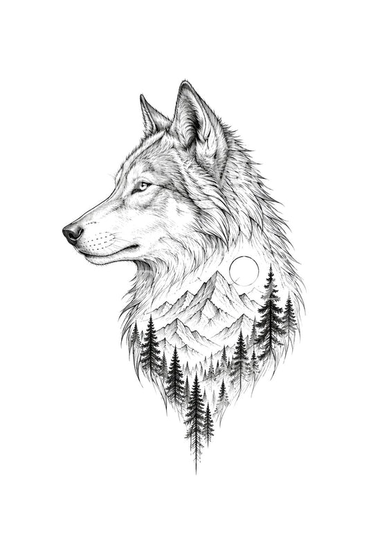Profilo di lupo che si dissolve nelle montagne, tattoo design