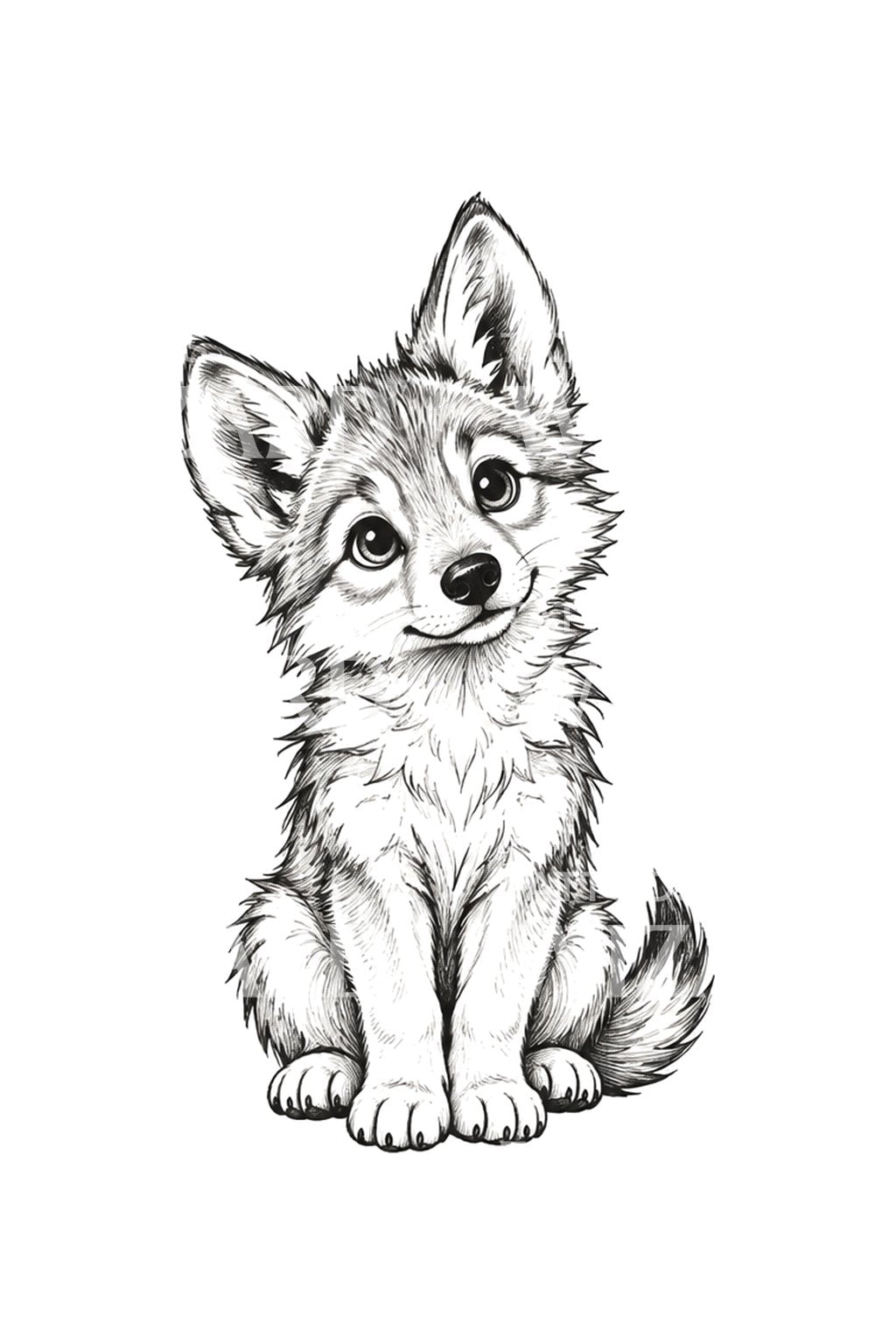Wolf Pup with Big Ears Sketch Tattoo Idea