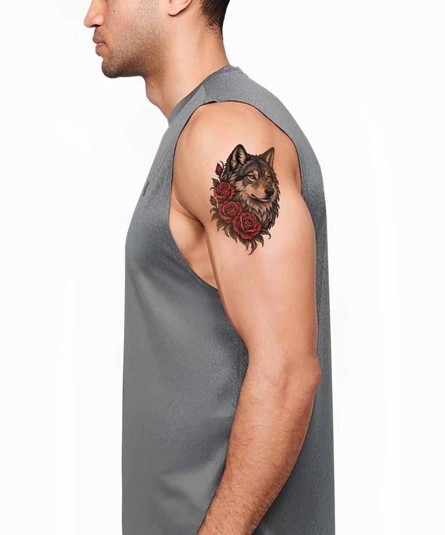 Diseño de tatuaje de lobo y rosas carmesí