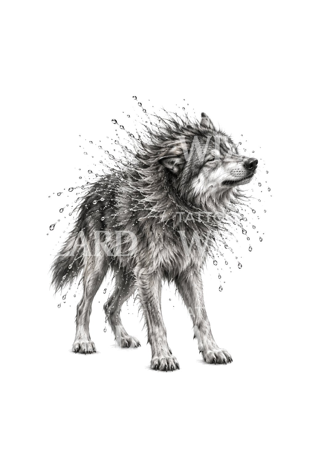 Ilustrace tetování vlka, který ze sebe setřásá vodu