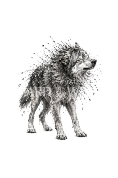 Ilustrace tetování vlka, který ze sebe setřásá vodu