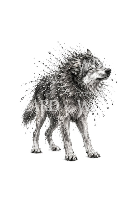 Wolf Shaking Off Water Tattoo Illustration