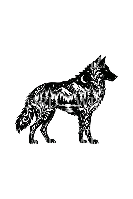 Ulvesilhuet i skovlandskab, blackwork-tatovering