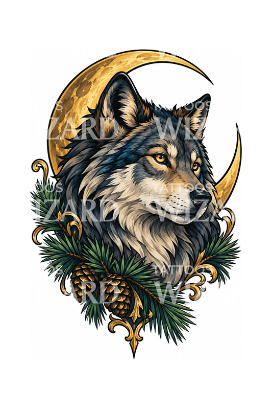 Tatuaje de lobo con luna creciente y pino