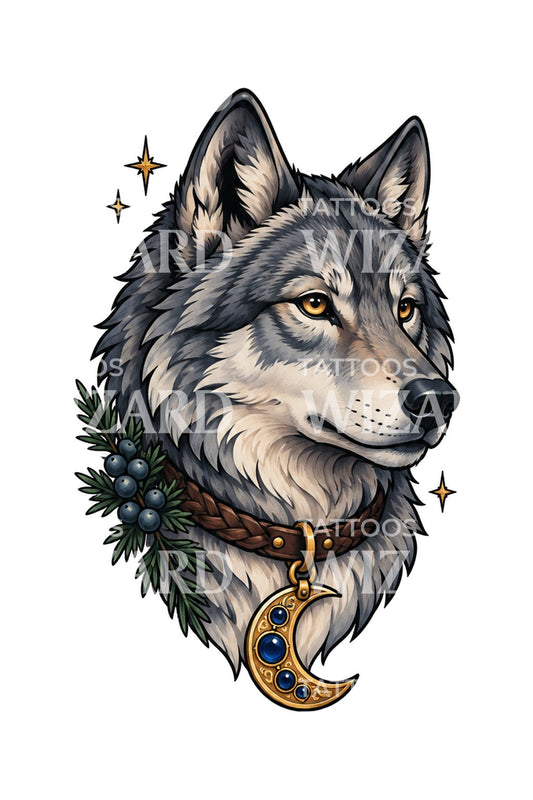 Wolf with Crescent Moon Charm Tattoo Design