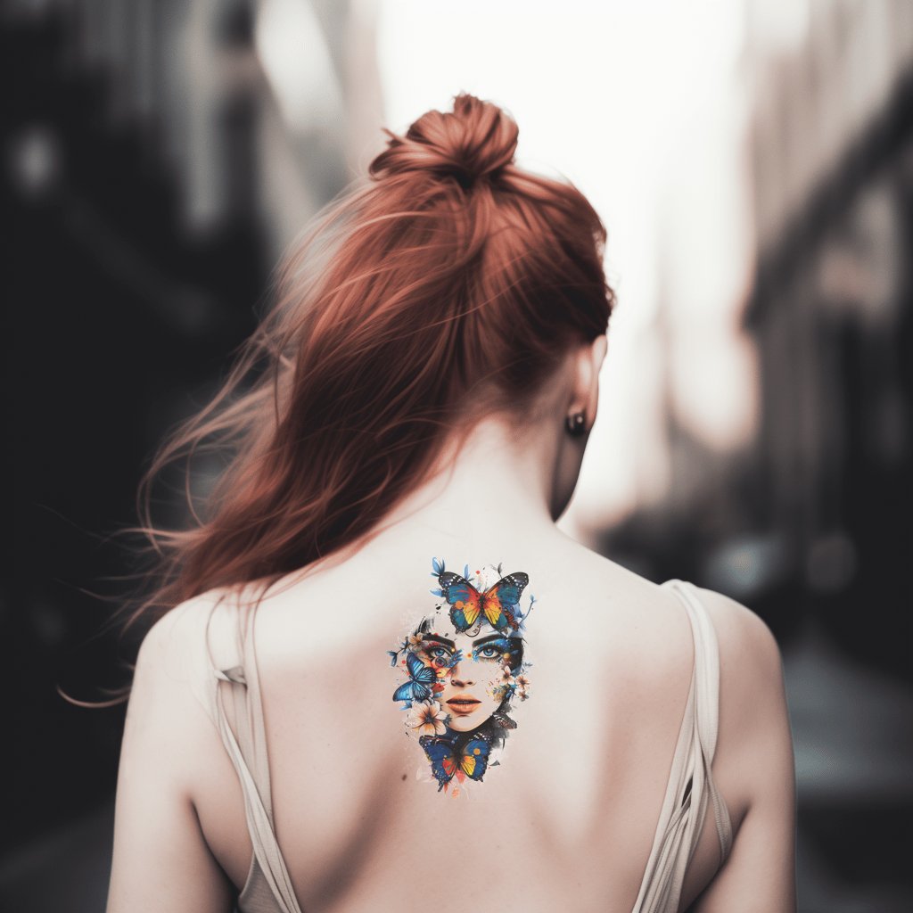 Colorful Woman Portrait with Butterflies Tattoo Design