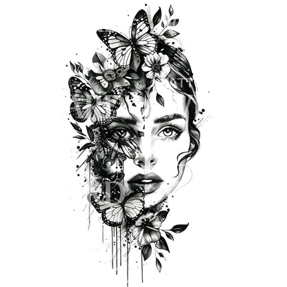 Woman Covered in Butterflies Tattoo Design