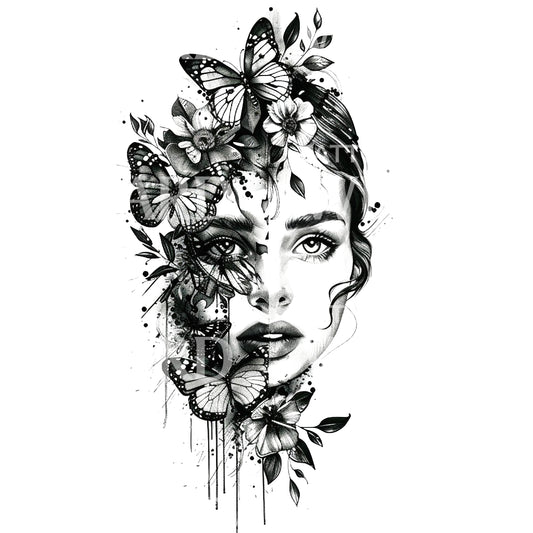Frau mit Schmetterlingen bedecktes Tattoo-Design