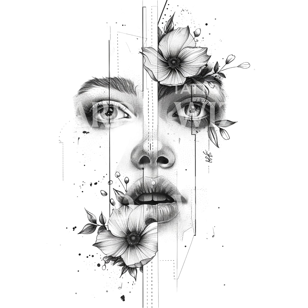 Woman Face Portrait and Flowers Tattoo Design