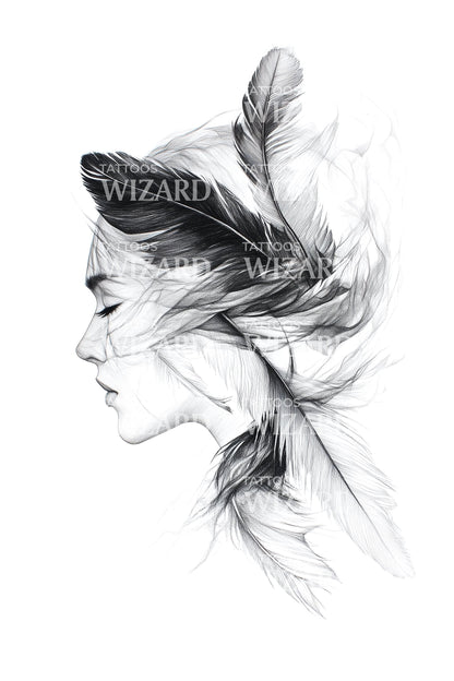 Woman Portrait Feathered Hair Tattoo Illustration