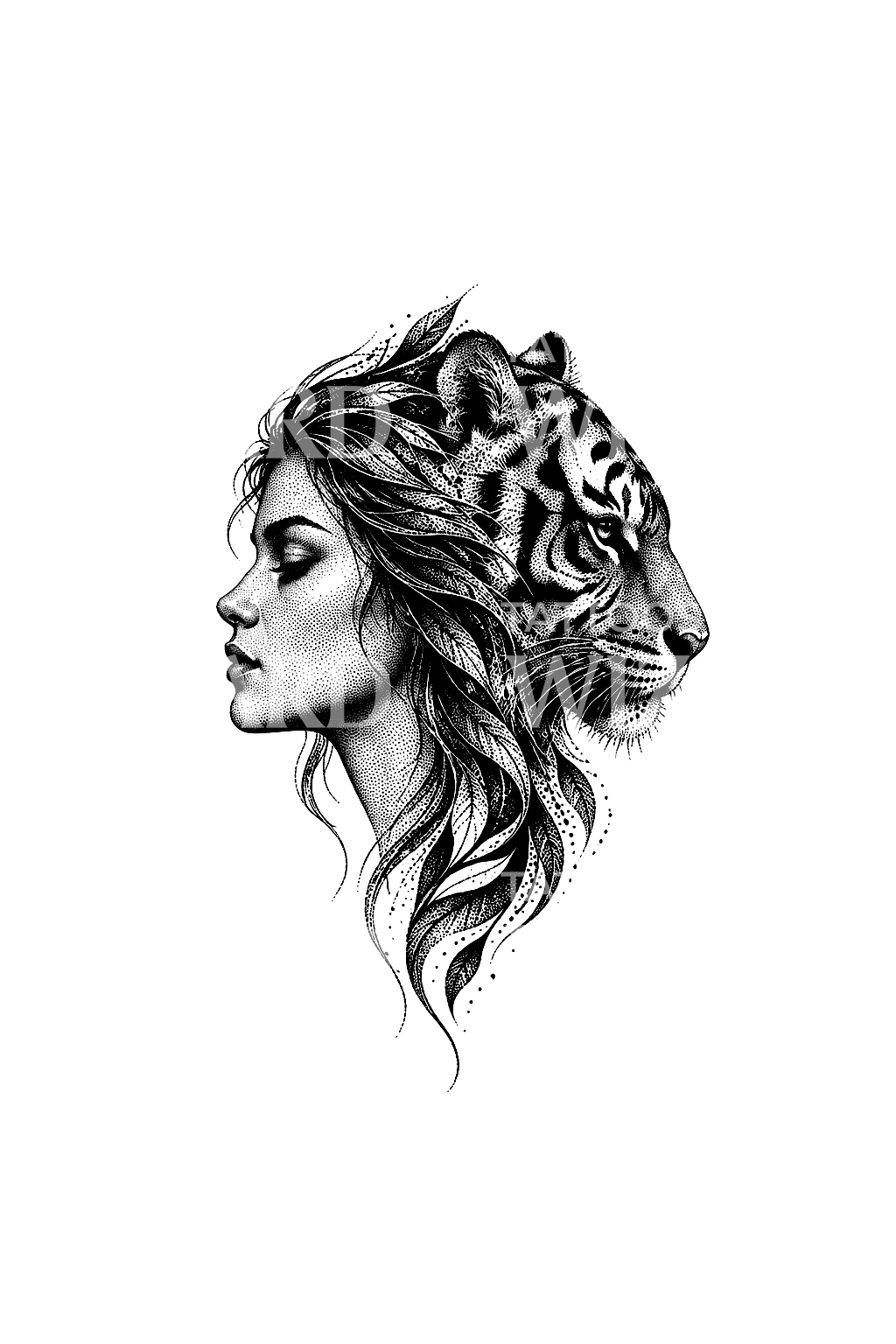Perfil de mulher a fundir-se com um tigre, tatuagem dotwork