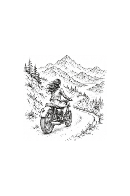 Woman Rider Mountain Road Fineline Moto Tattoo – Tattoos Wizard Designs