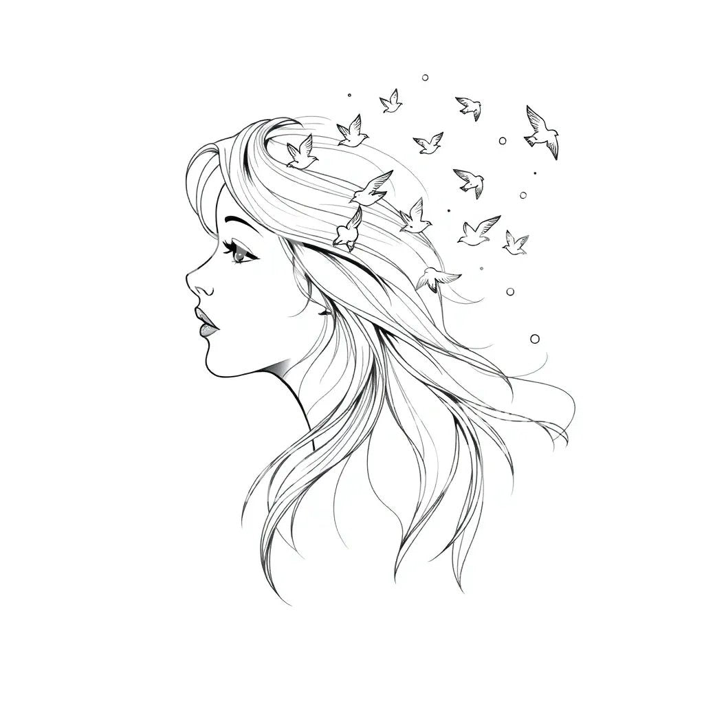 Woman with Birds Tattoo Design