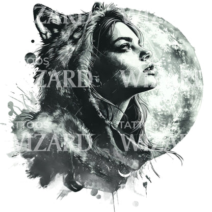Woman Wolf Howling to the Moon Tattoo Design