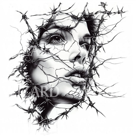 Woman's Face in Barbed Wire Tattoo Design