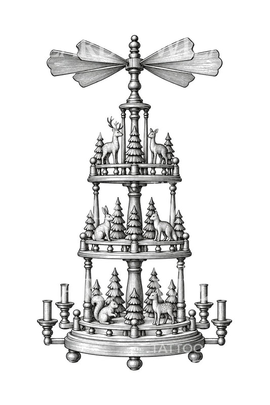 Tattoo-ontwerp van een houten kerstpiramide