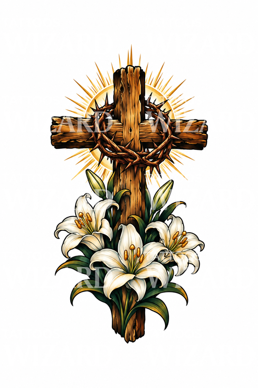 Wooden Cross with Crown of Thorns and Lilies Tattoo Design