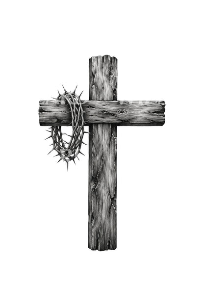 Wooden Cross with Crown of Thorns Tattoo Design
