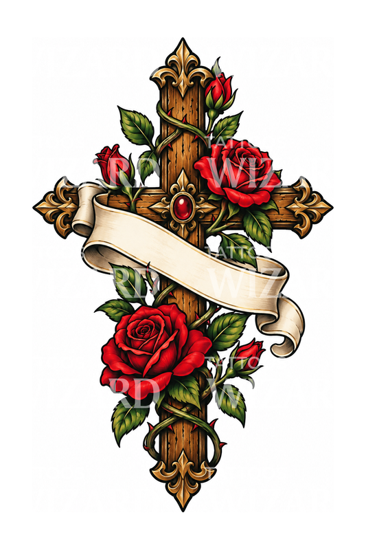 Wooden Cross with Red Roses and Ribbon Tattoo Design