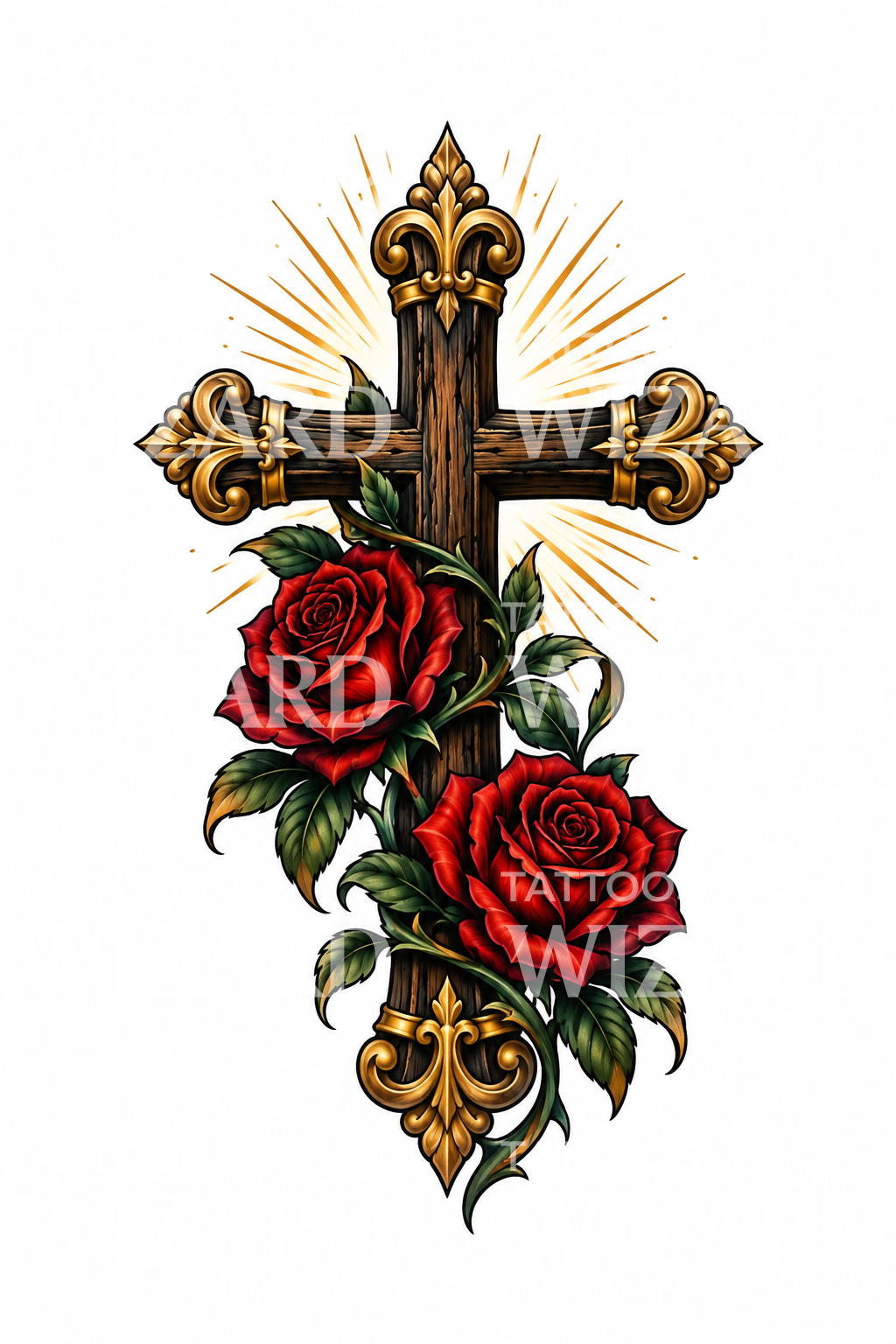 Desenho de tatuagem de cruz de madeira com rosas vermelhas