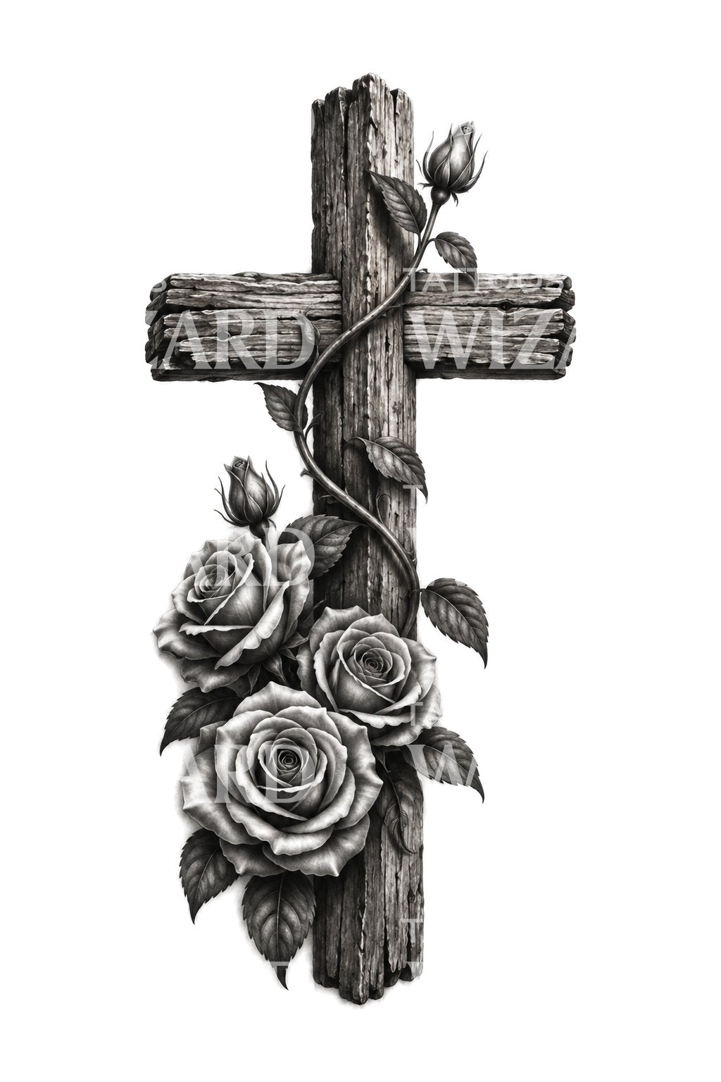 Tattoo-illustratie van houten kruis met rozen