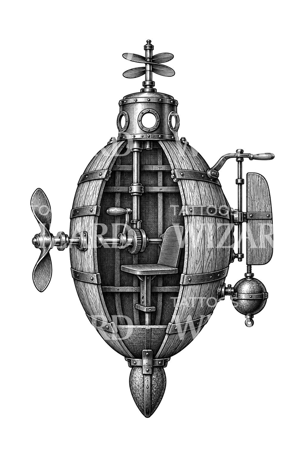 Tattoo-Illustration: Wooden Turtle Submarine Cutaway Tattoo Illustration