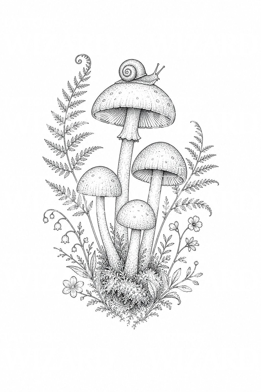 Woodland Mushrooms Snail Tattoo Design
