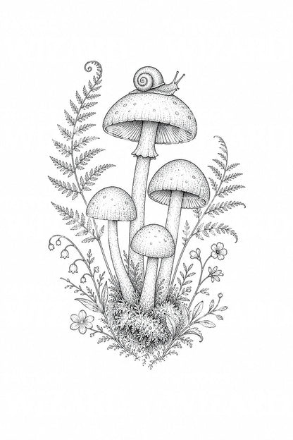 Woodland Mushrooms Snail Tattoo Design