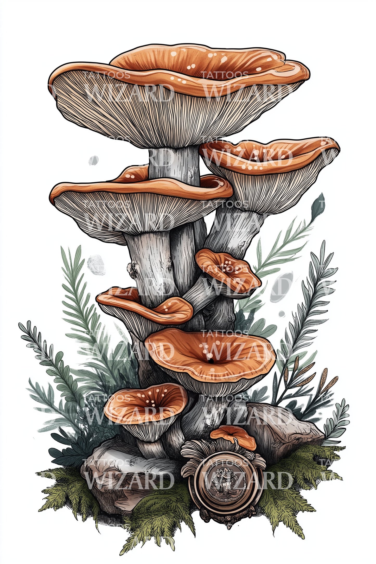 Woodland Shelf Mushrooms Tattoo Illustration